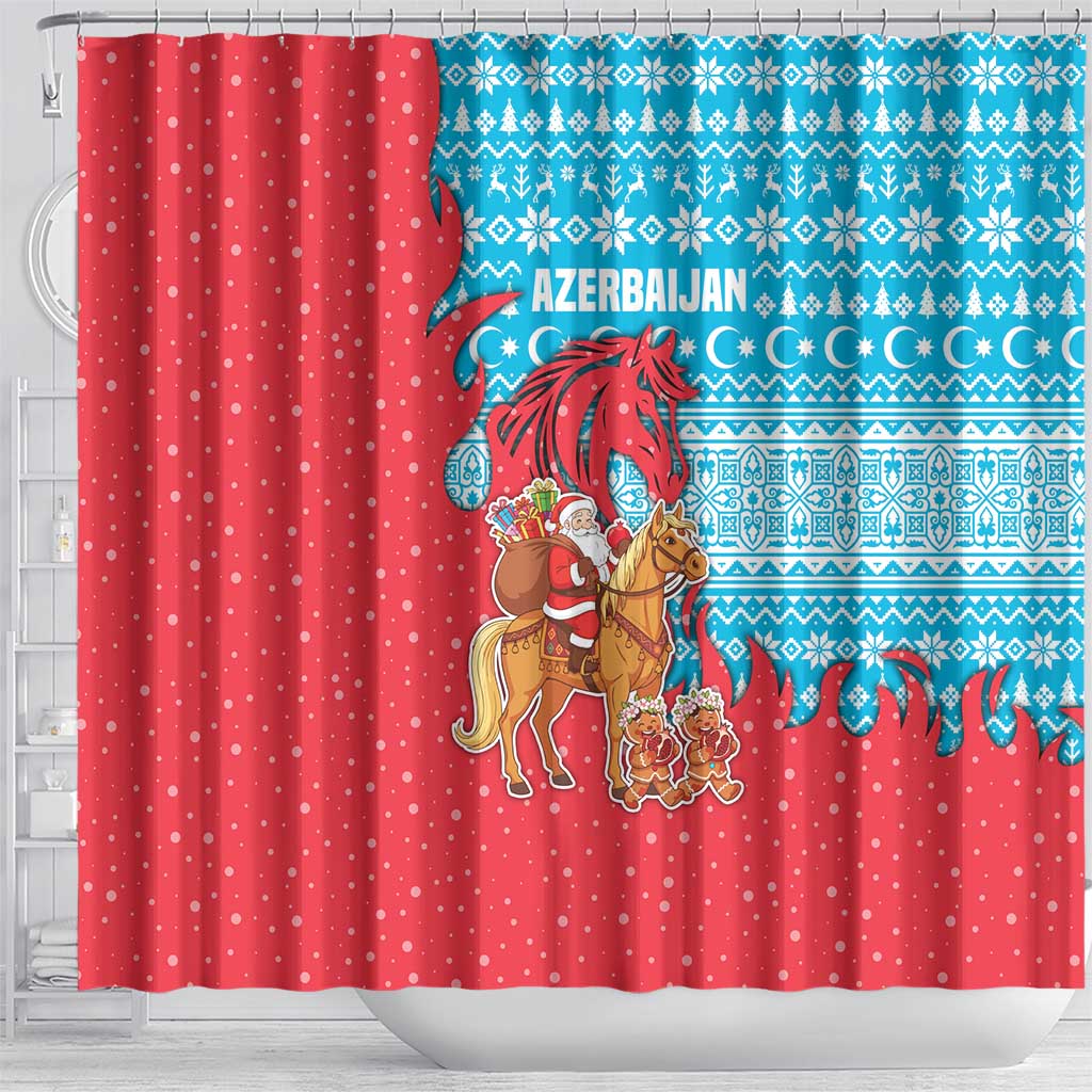 Azerbaijan Christmas Shower Curtain with Santa Riding Horse Red Flame Motif and Blue Islamic Pattern Design - Wonder Print Shop