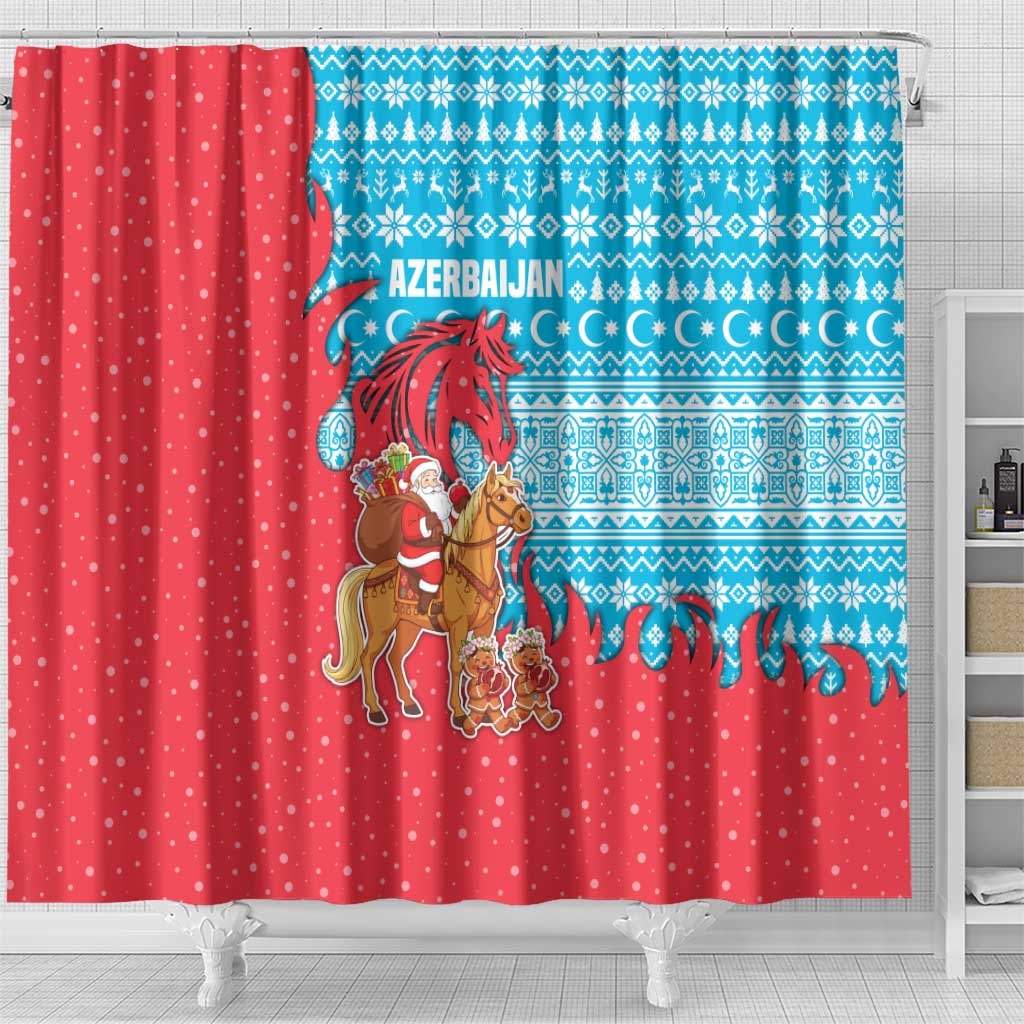 Azerbaijan Christmas Shower Curtain with Santa Riding Horse Red Flame Motif and Blue Islamic Pattern Design - Wonder Print Shop