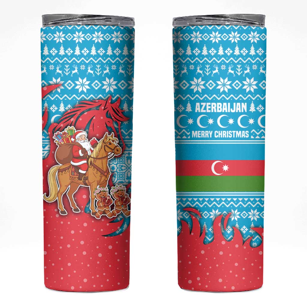 Azerbaijan Christmas Skinny Tumbler with Santa Riding Horse Red Flame Motif and Blue Islamic Pattern Design - Wonder Print Shop