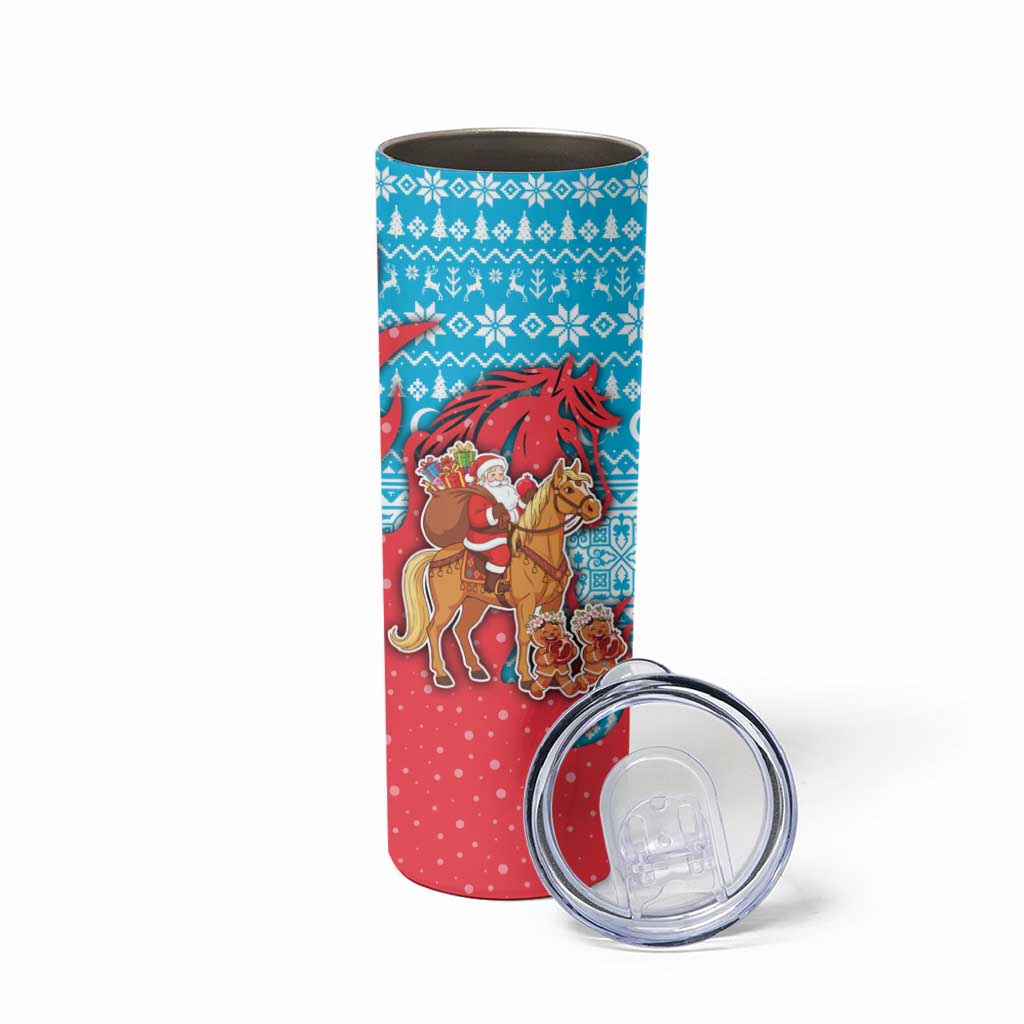 Azerbaijan Christmas Skinny Tumbler with Santa Riding Horse Red Flame Motif and Blue Islamic Pattern Design - Wonder Print Shop
