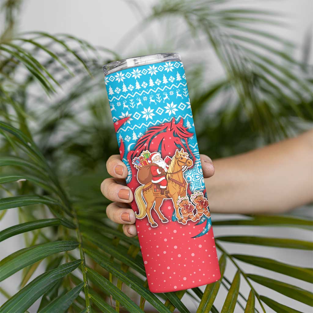 Azerbaijan Christmas Skinny Tumbler with Santa Riding Horse Red Flame Motif and Blue Islamic Pattern Design - Wonder Print Shop