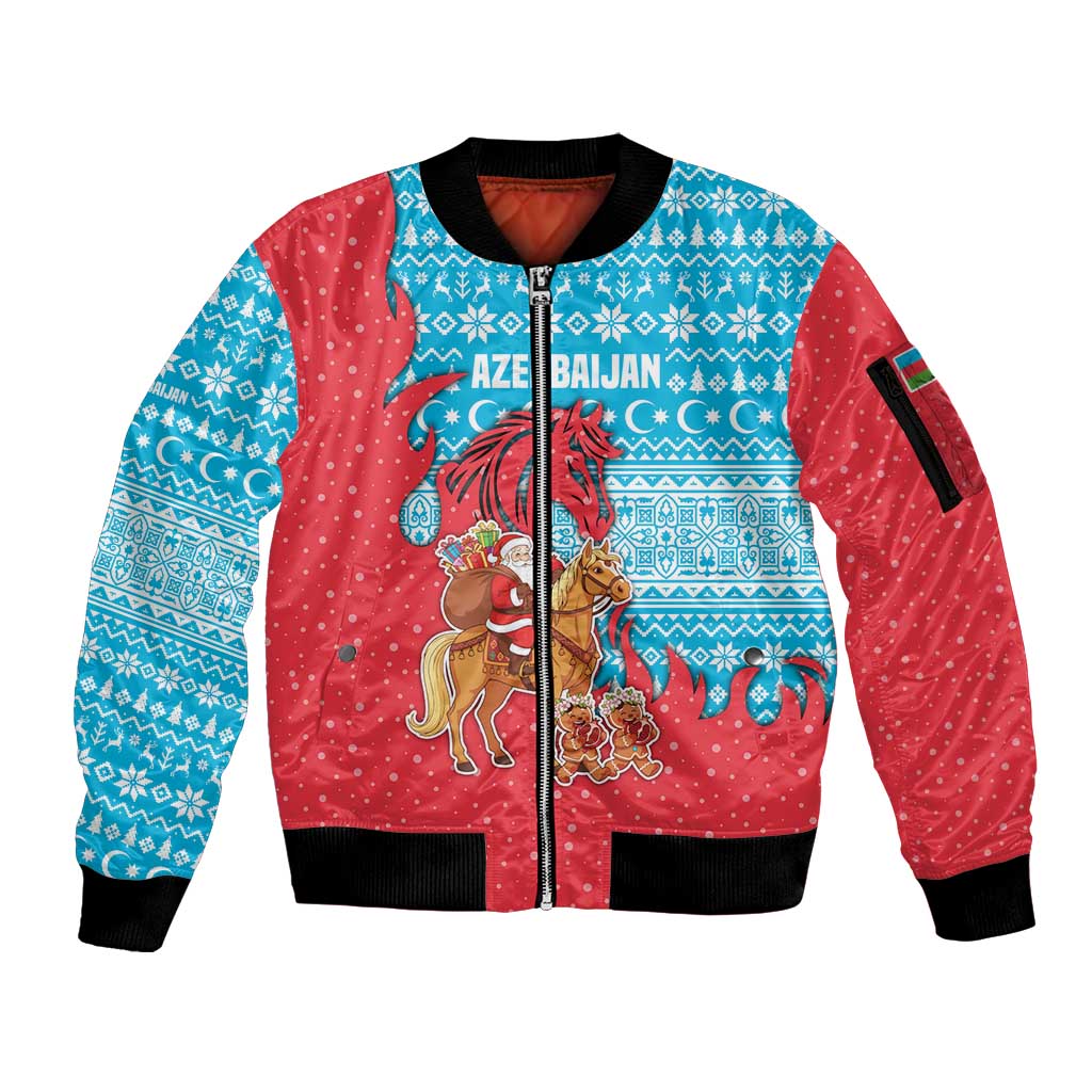 Azerbaijan Christmas Sleeve Zip Bomber Jacket with Santa Riding Horse Red Flame Motif and Blue Islamic Pattern Design - Wonder Print Shop