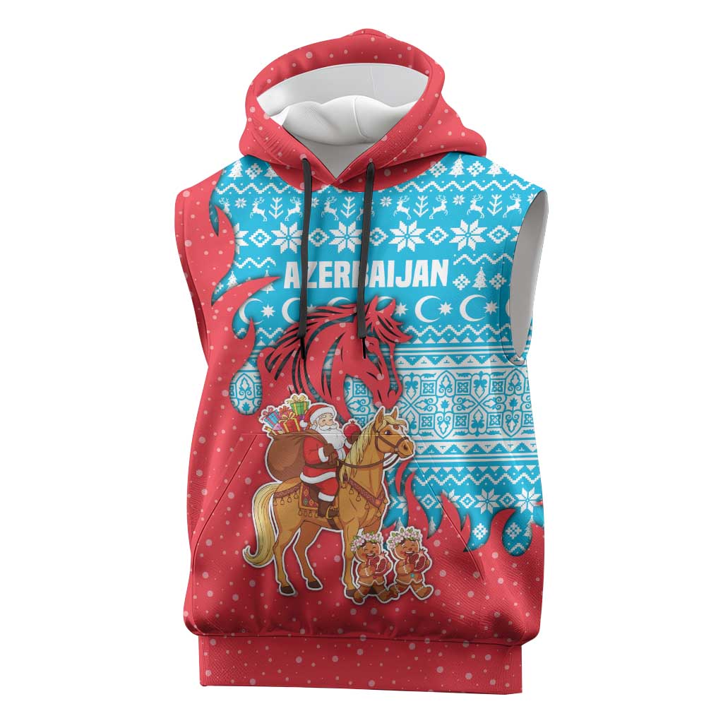 Azerbaijan Christmas Sleeveless Hoodie with Santa Riding Horse Red Flame Motif and Blue Islamic Pattern Design - Wonder Print Shop