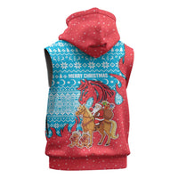 Azerbaijan Christmas Sleeveless Hoodie with Santa Riding Horse Red Flame Motif and Blue Islamic Pattern Design - Wonder Print Shop