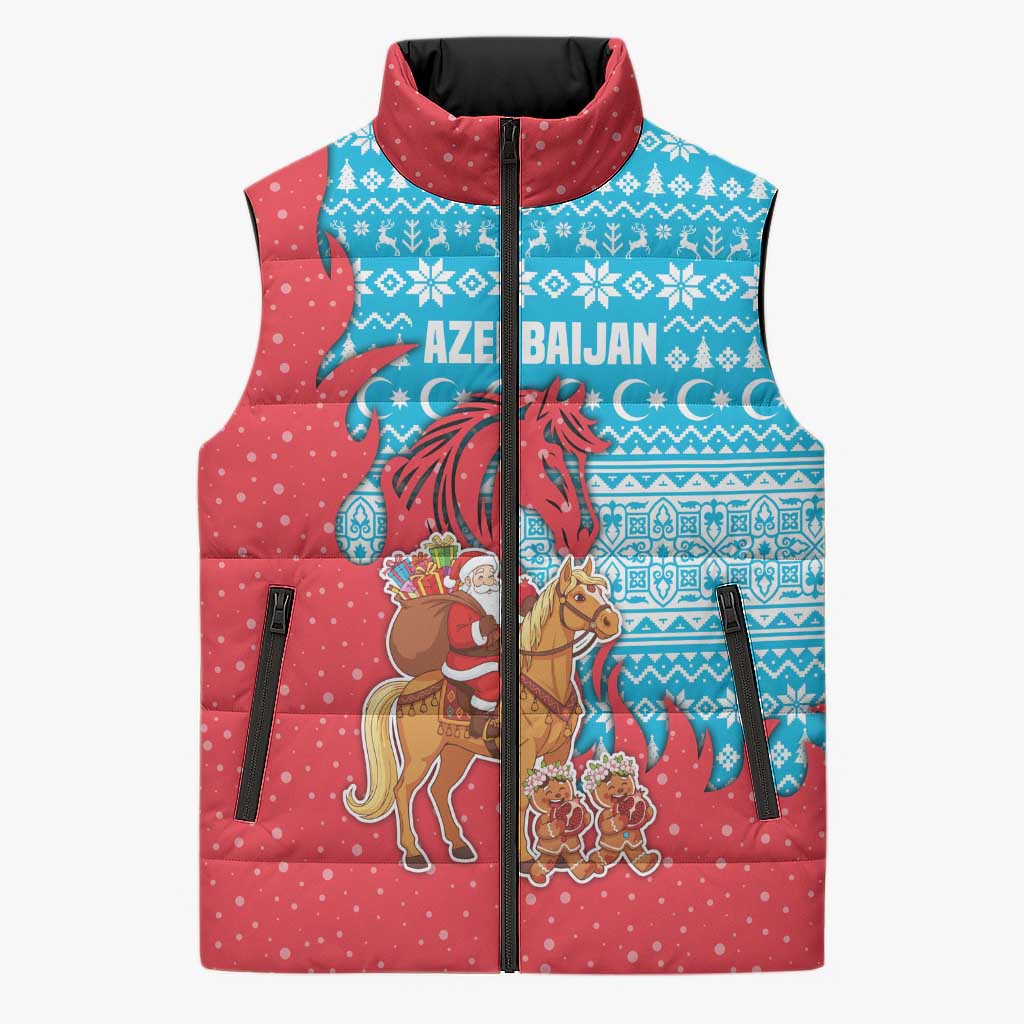 Azerbaijan Christmas Sleeveless Puffer Jacket with Santa Riding Horse Red Flame Motif and Blue Islamic Pattern Design - Wonder Print Shop