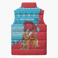 Azerbaijan Christmas Sleeveless Puffer Jacket with Santa Riding Horse Red Flame Motif and Blue Islamic Pattern Design - Wonder Print Shop