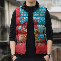 Azerbaijan Christmas Sleeveless Puffer Jacket with Santa Riding Horse Red Flame Motif and Blue Islamic Pattern Design - Wonder Print Shop