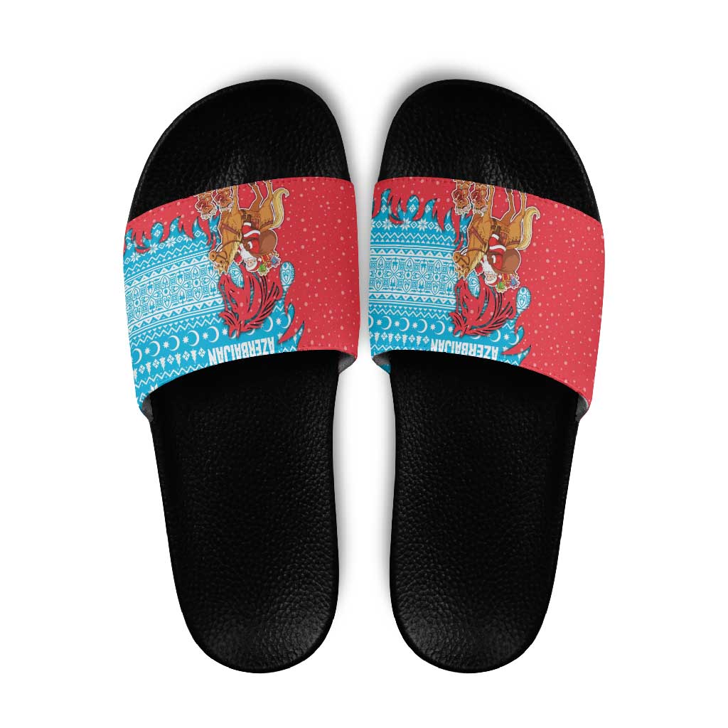 Azerbaijan Christmas Slide Sandals with Santa Riding Horse Red Flame Motif and Blue Islamic Pattern Design - Wonder Print Shop