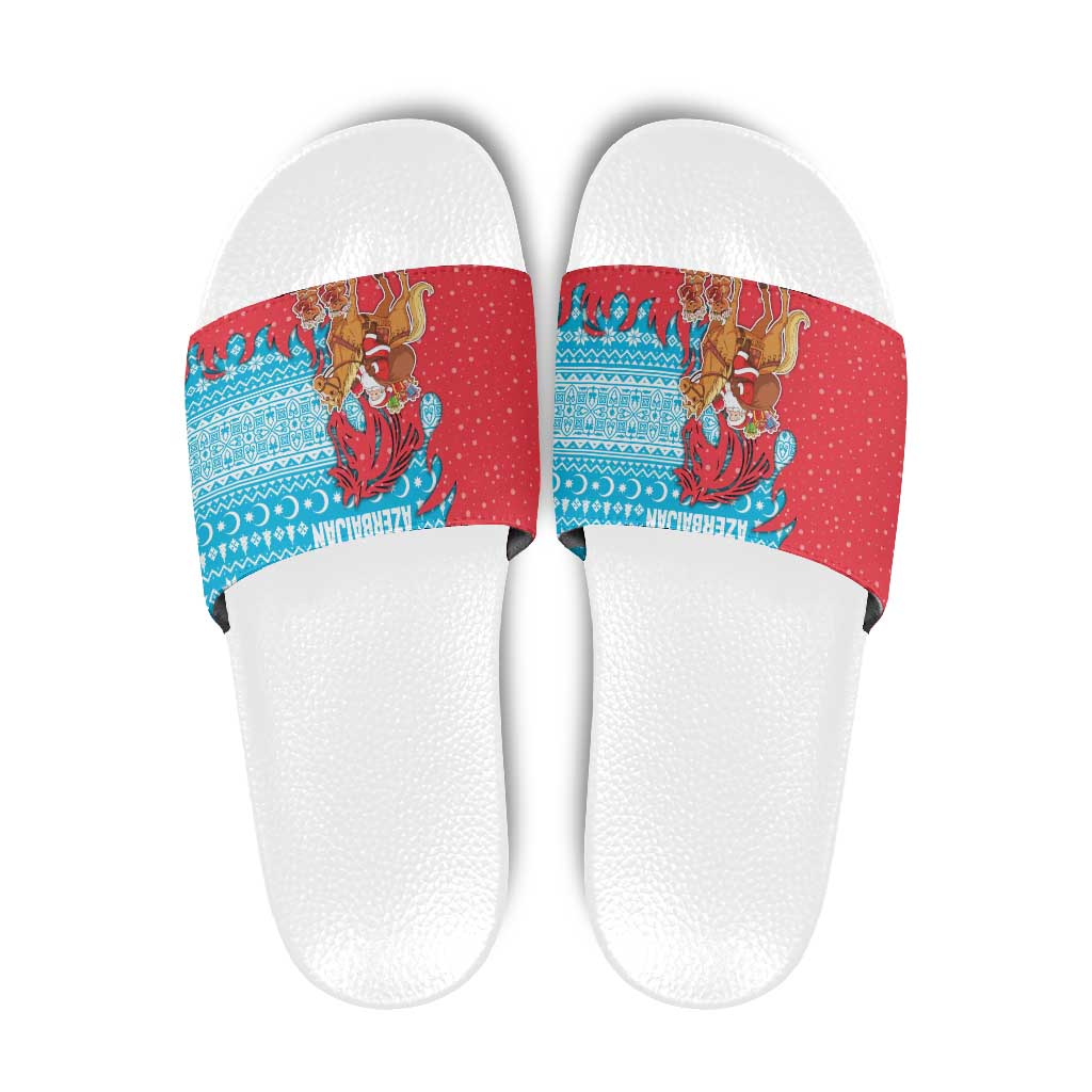 Azerbaijan Christmas Slide Sandals with Santa Riding Horse Red Flame Motif and Blue Islamic Pattern Design - Wonder Print Shop