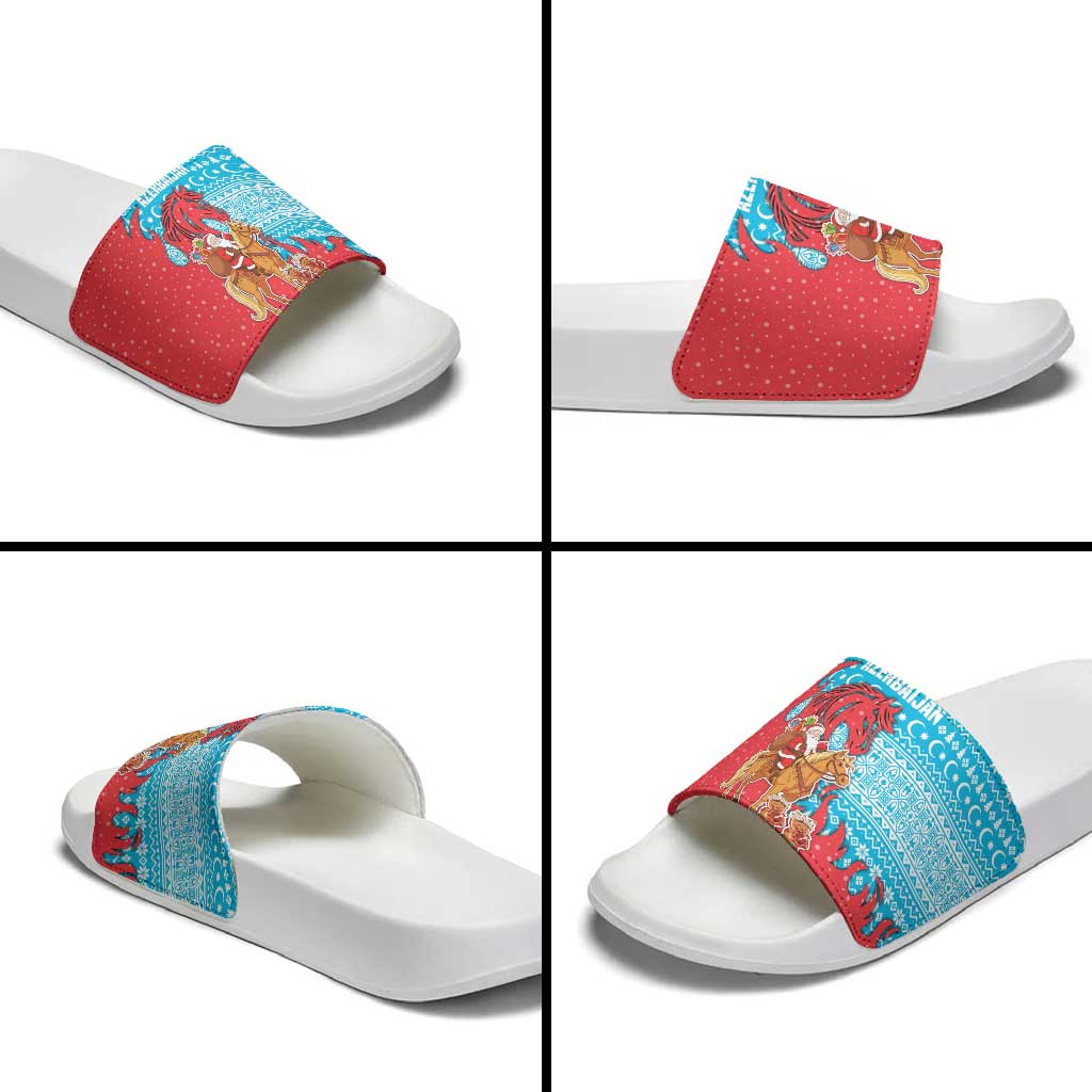 Azerbaijan Christmas Slide Sandals with Santa Riding Horse Red Flame Motif and Blue Islamic Pattern Design - Wonder Print Shop