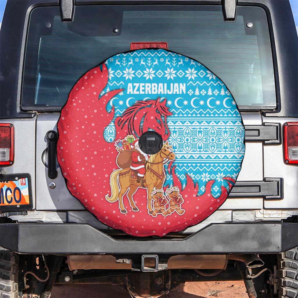 Azerbaijan Christmas Spare Tire Cover with Santa Riding Horse Red Flame Motif and Blue Islamic Pattern Design - Wonder Print Shop