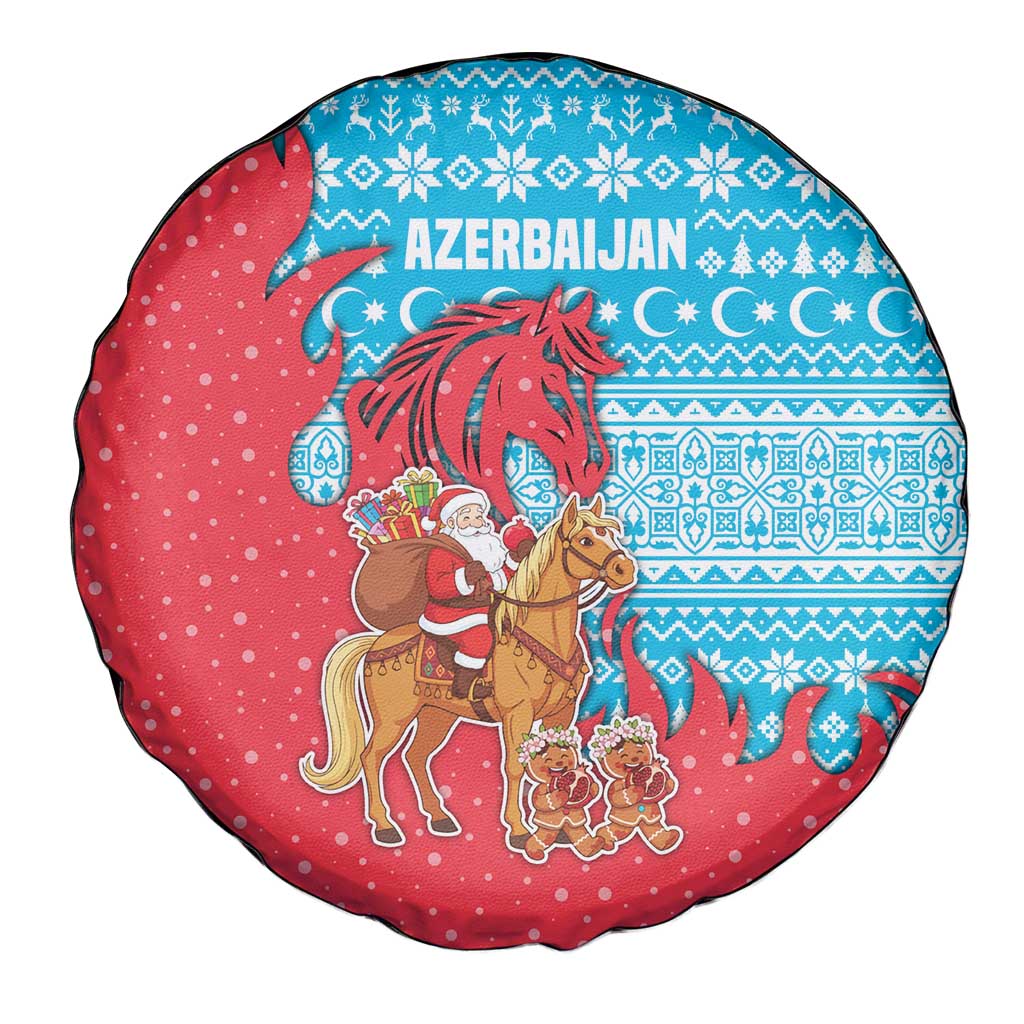 Azerbaijan Christmas Spare Tire Cover with Santa Riding Horse Red Flame Motif and Blue Islamic Pattern Design - Wonder Print Shop