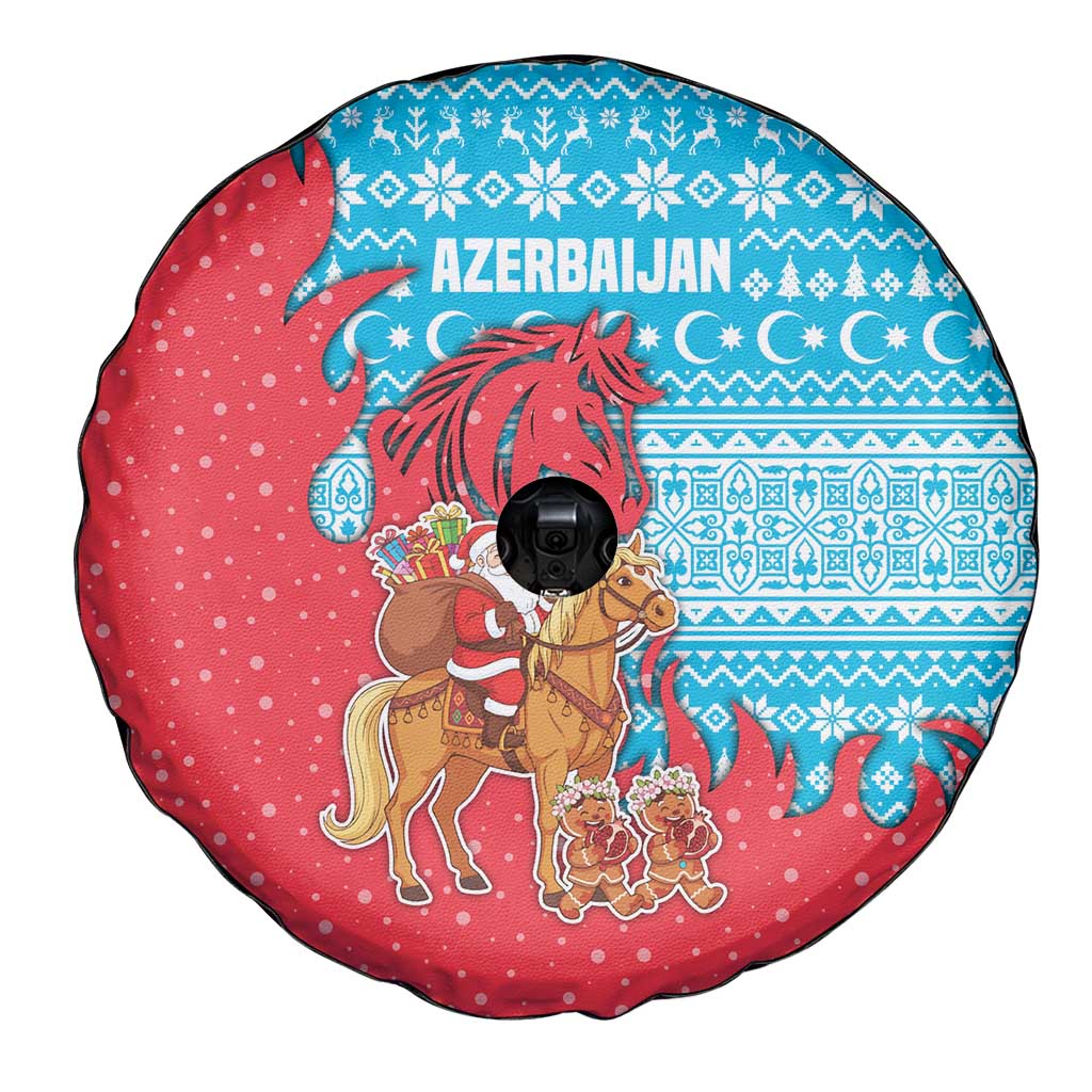 Azerbaijan Christmas Spare Tire Cover with Santa Riding Horse Red Flame Motif and Blue Islamic Pattern Design - Wonder Print Shop