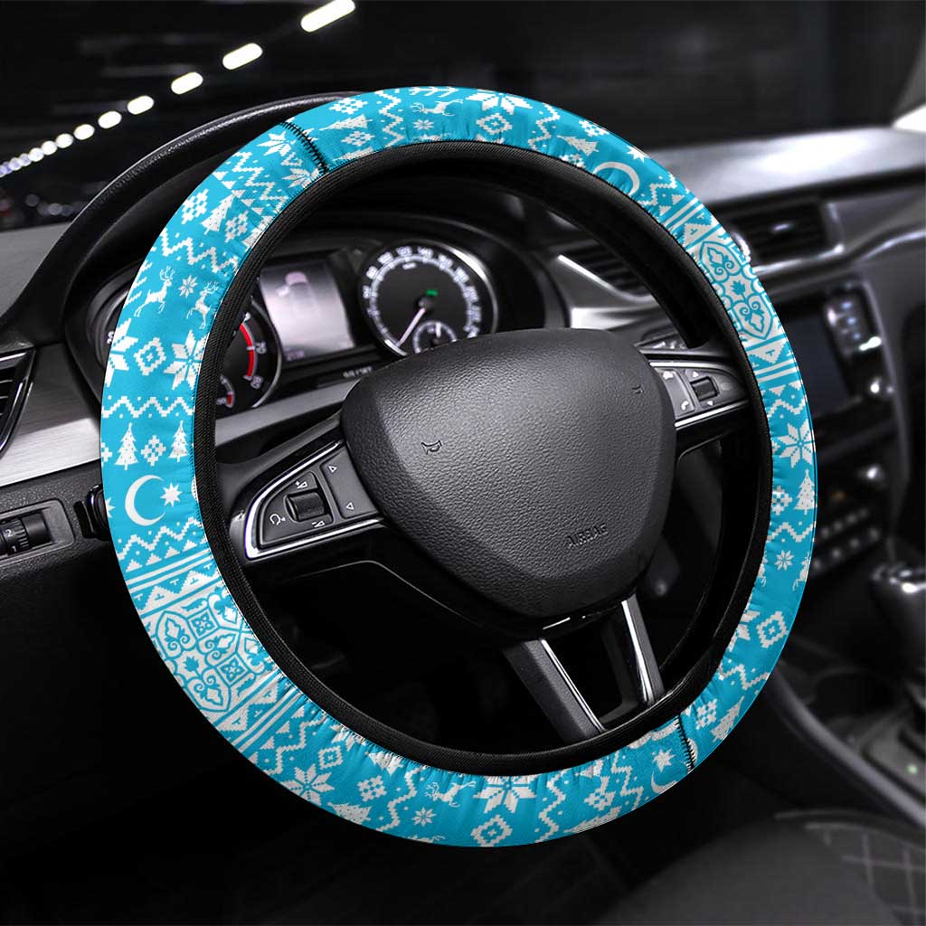 Azerbaijan Christmas Steering Wheel Cover with Santa Riding Horse Red Flame Motif and Blue Islamic Pattern Design - Wonder Print Shop