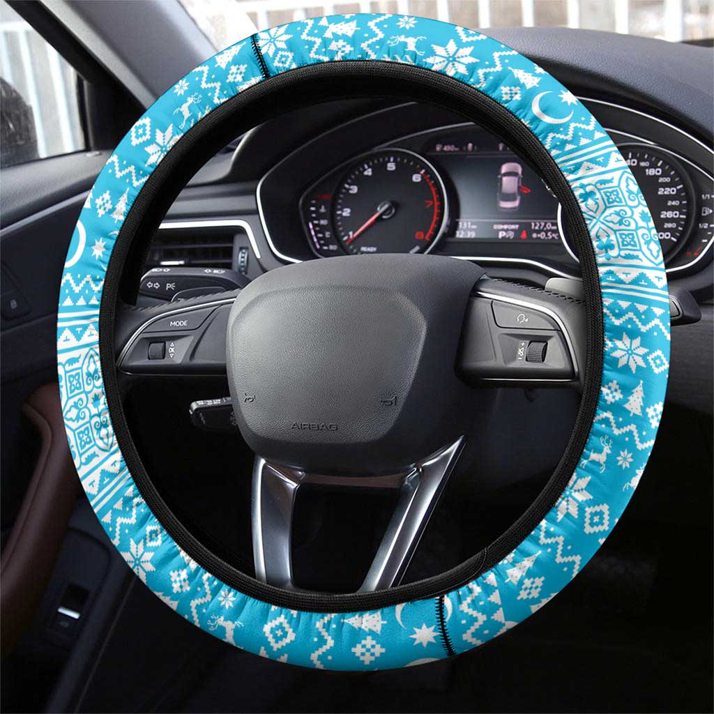 Azerbaijan Christmas Steering Wheel Cover with Santa Riding Horse Red Flame Motif and Blue Islamic Pattern Design - Wonder Print Shop