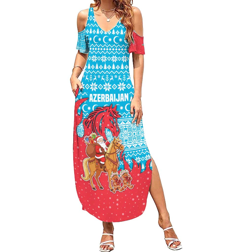 Azerbaijan Christmas Summer Maxi Dress with Santa Riding Horse Red Flame Motif and Blue Islamic Pattern Design - Wonder Print Shop
