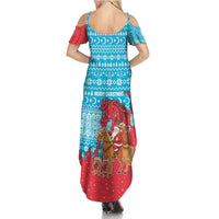 Azerbaijan Christmas Summer Maxi Dress with Santa Riding Horse Red Flame Motif and Blue Islamic Pattern Design - Wonder Print Shop