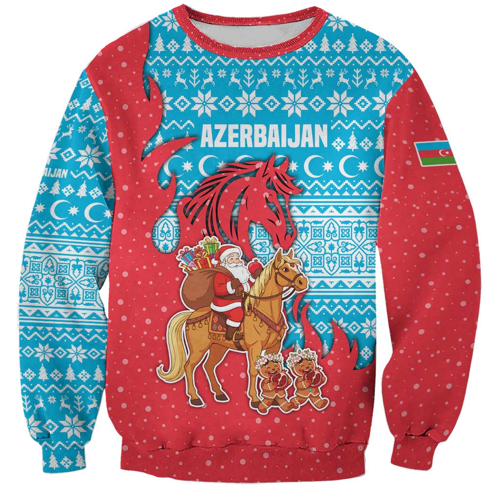 Azerbaijan Christmas Sweatshirt with Santa Riding Horse Red Flame Motif and Blue Islamic Pattern Design - Wonder Print Shop