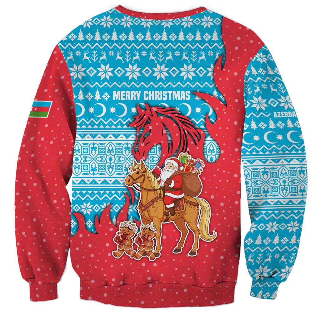 Azerbaijan Christmas Sweatshirt with Santa Riding Horse Red Flame Motif and Blue Islamic Pattern Design - Wonder Print Shop