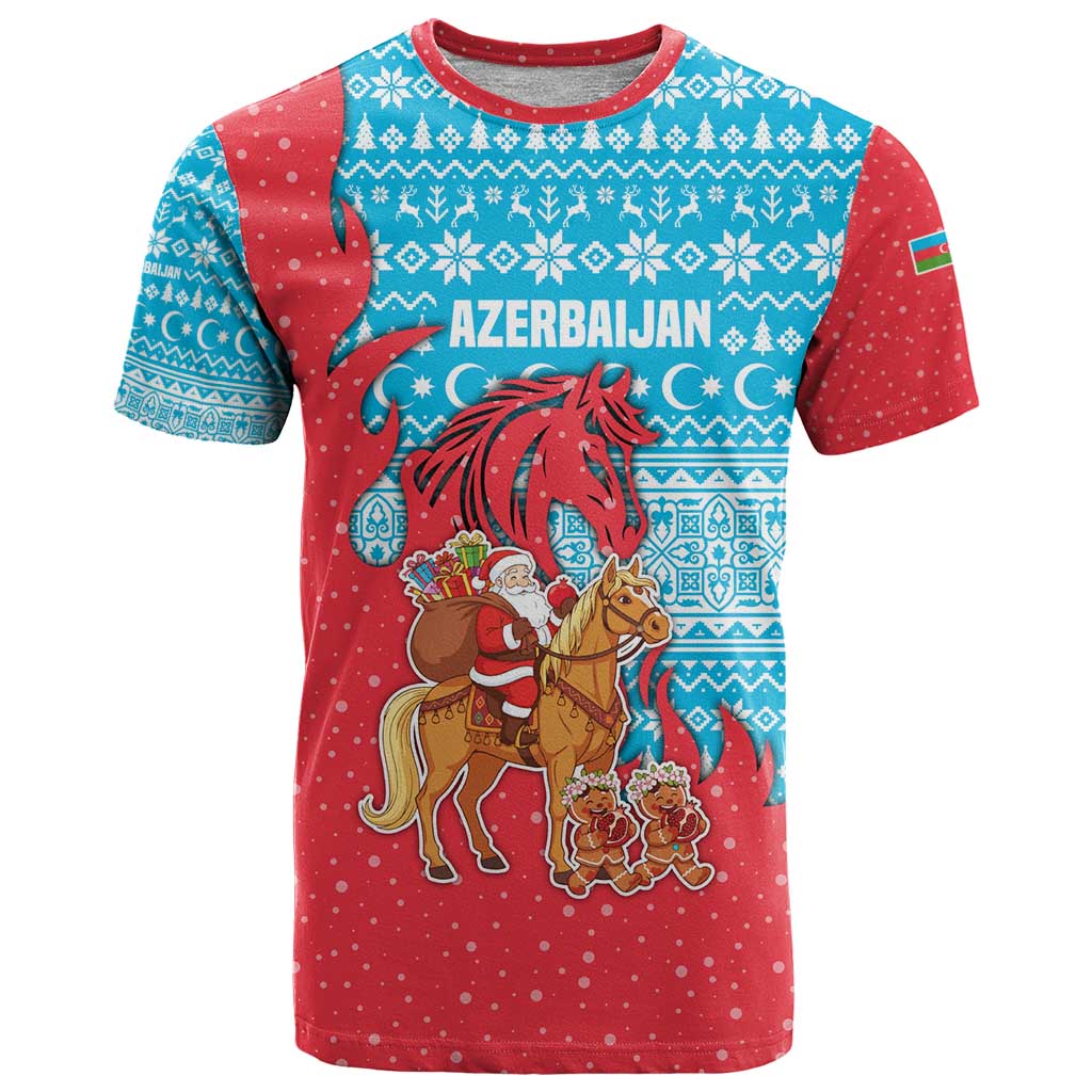 Azerbaijan Christmas T Shirt with Santa Riding Horse Red Flame Motif and Blue Islamic Pattern Design - Wonder Print Shop