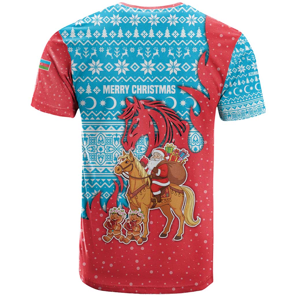 Azerbaijan Christmas T Shirt with Santa Riding Horse Red Flame Motif and Blue Islamic Pattern Design - Wonder Print Shop
