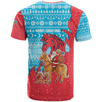Azerbaijan Christmas T Shirt with Santa Riding Horse Red Flame Motif and Blue Islamic Pattern Design - Wonder Print Shop
