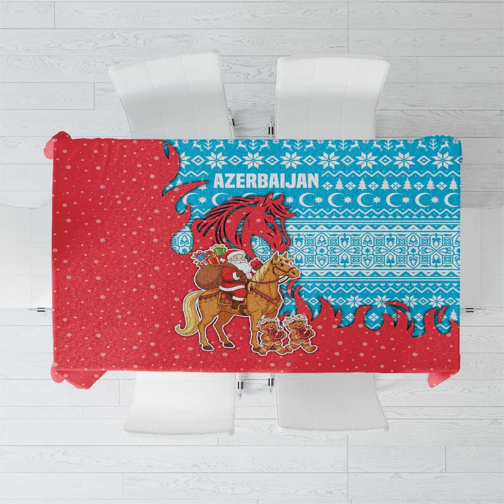 Azerbaijan Christmas Tablecloth with Santa Riding Horse Red Flame Motif and Blue Islamic Pattern Design - Wonder Print Shop