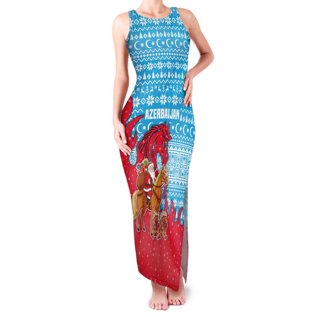 Azerbaijan Christmas Tank Maxi Dress with Santa Riding Horse Red Flame Motif and Blue Islamic Pattern Design - Wonder Print Shop
