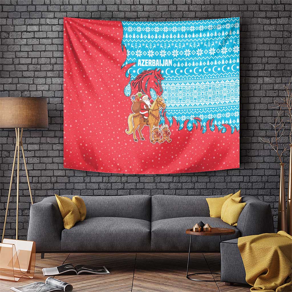 Azerbaijan Christmas Tapestry with Santa Riding Horse Red Flame Motif and Blue Islamic Pattern Design - Wonder Print Shop