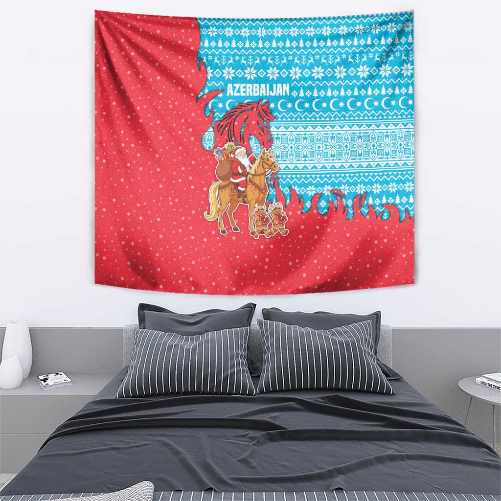 Azerbaijan Christmas Tapestry with Santa Riding Horse Red Flame Motif and Blue Islamic Pattern Design - Wonder Print Shop
