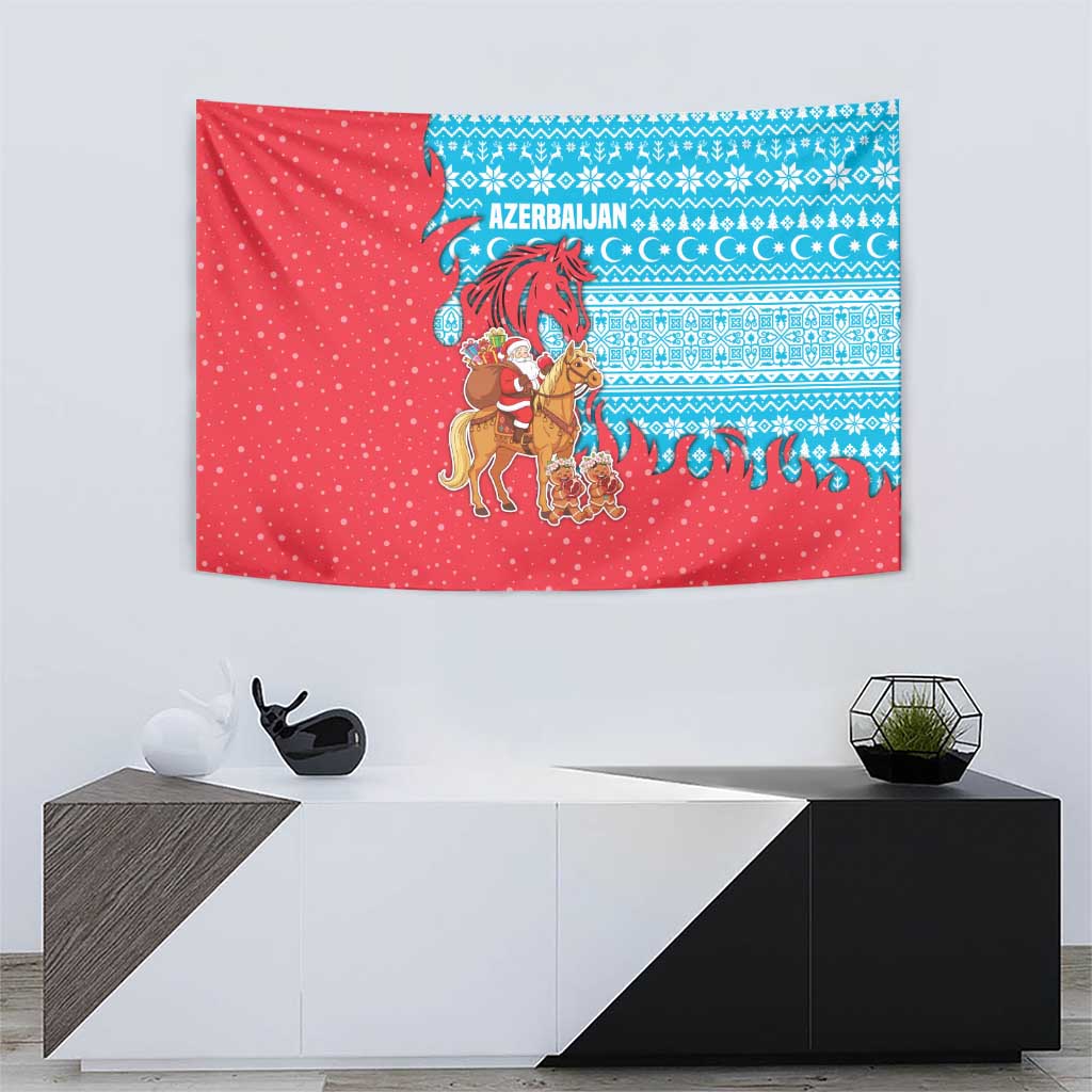 Azerbaijan Christmas Tapestry with Santa Riding Horse Red Flame Motif and Blue Islamic Pattern Design - Wonder Print Shop