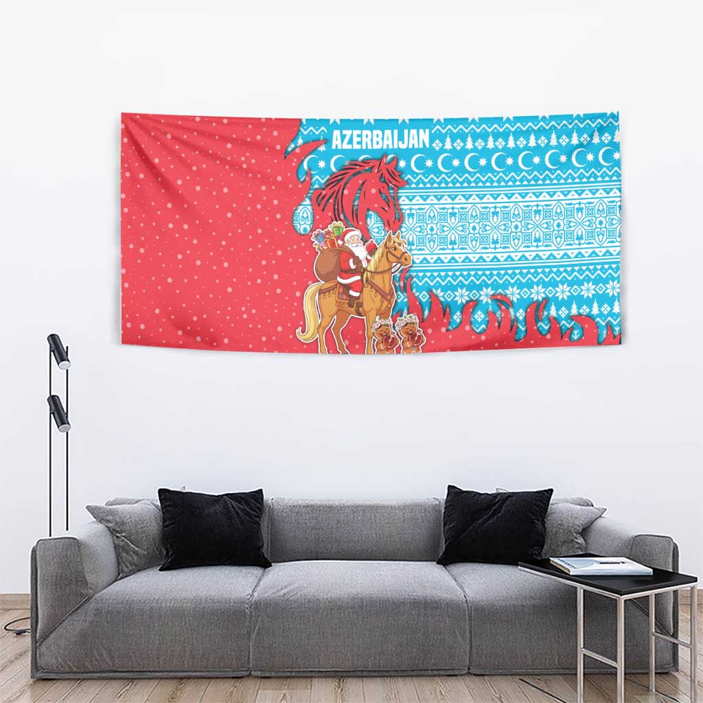 Azerbaijan Christmas Tapestry with Santa Riding Horse Red Flame Motif and Blue Islamic Pattern Design - Wonder Print Shop
