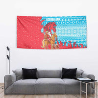 Azerbaijan Christmas Tapestry with Santa Riding Horse Red Flame Motif and Blue Islamic Pattern Design - Wonder Print Shop