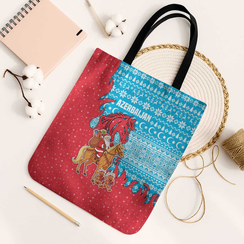 Azerbaijan Christmas Tote Bag with Santa Riding Horse Red Flame Motif and Blue Islamic Pattern Design - Wonder Print Shop