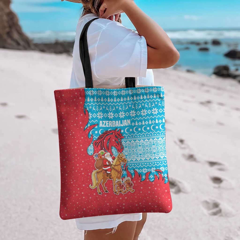 Azerbaijan Christmas Tote Bag with Santa Riding Horse Red Flame Motif and Blue Islamic Pattern Design - Wonder Print Shop