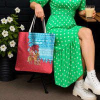 Azerbaijan Christmas Tote Bag with Santa Riding Horse Red Flame Motif and Blue Islamic Pattern Design - Wonder Print Shop