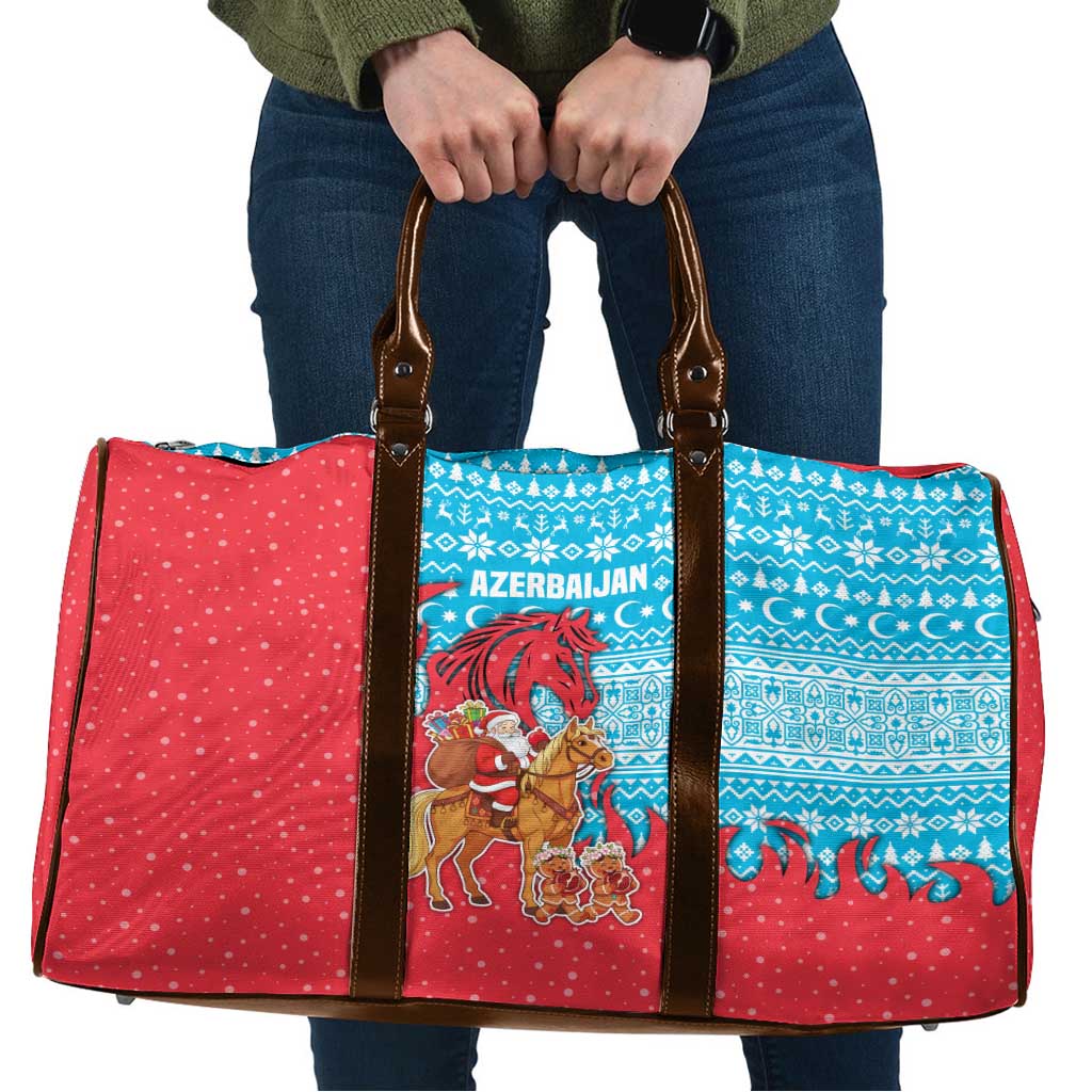 Azerbaijan Christmas Travel Bag with Santa Riding Horse Red Flame Motif and Blue Islamic Pattern Design - Wonder Print Shop