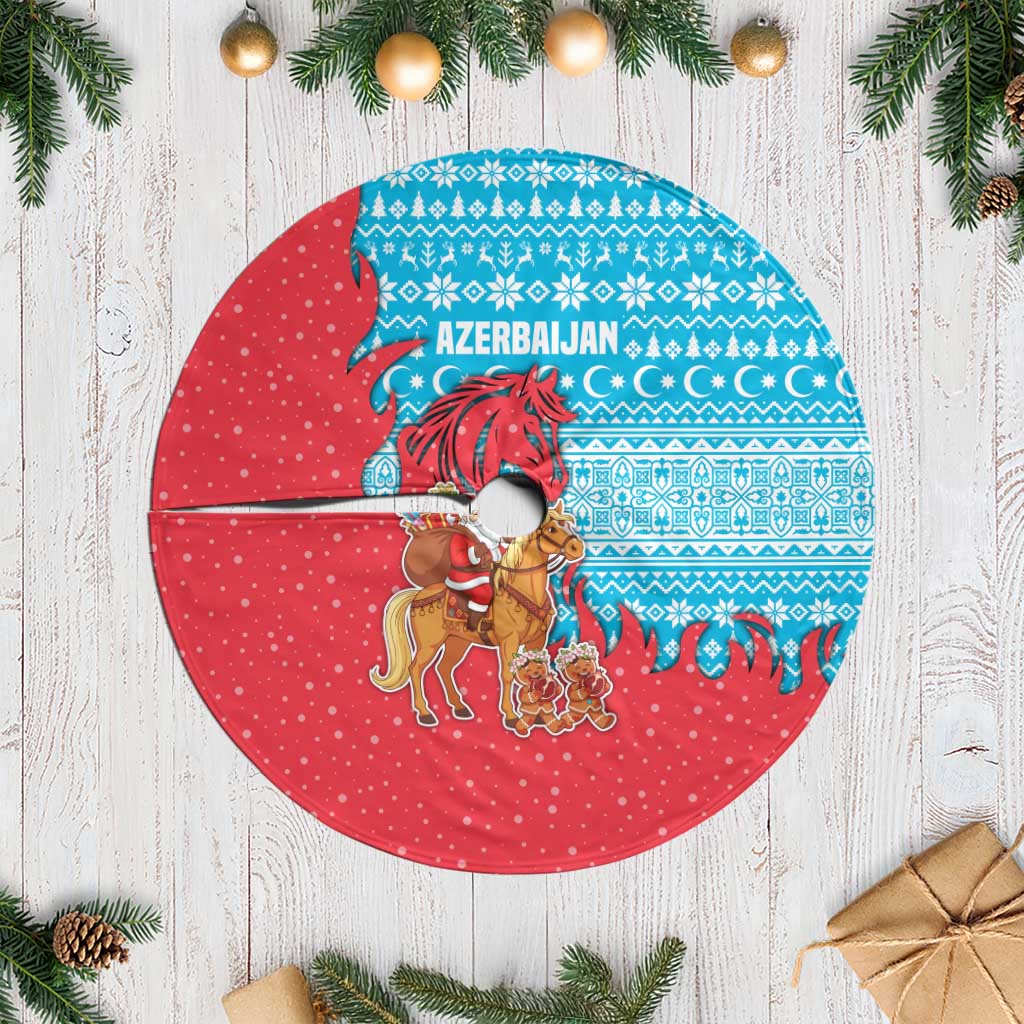Azerbaijan Christmas Tree Skirt with Santa Riding Horse Red Flame Motif and Blue Islamic Pattern Design - Wonder Print Shop