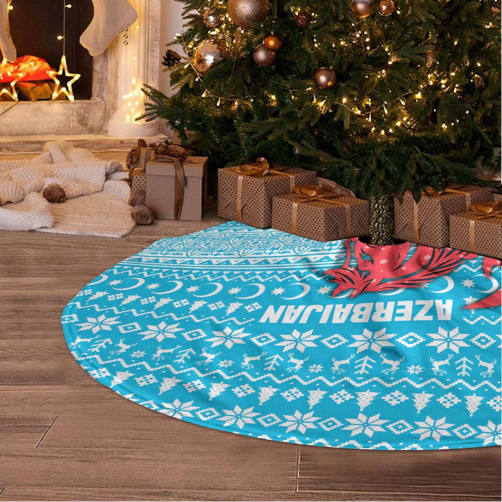 Azerbaijan Christmas Tree Skirt with Santa Riding Horse Red Flame Motif and Blue Islamic Pattern Design - Wonder Print Shop