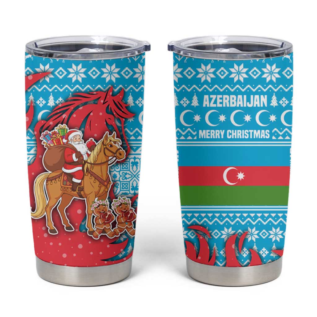 Azerbaijan Christmas Tumbler Cup with Santa Riding Horse Red Flame Motif and Blue Islamic Pattern Design - Wonder Print Shop