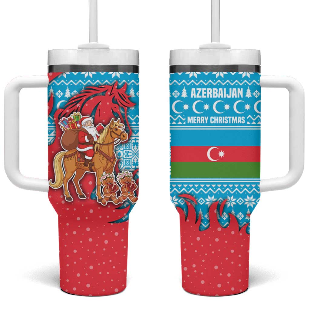 Azerbaijan Christmas Tumbler With Handle with Santa Riding Horse Red Flame Motif and Blue Islamic Pattern Design - Wonder Print Shop