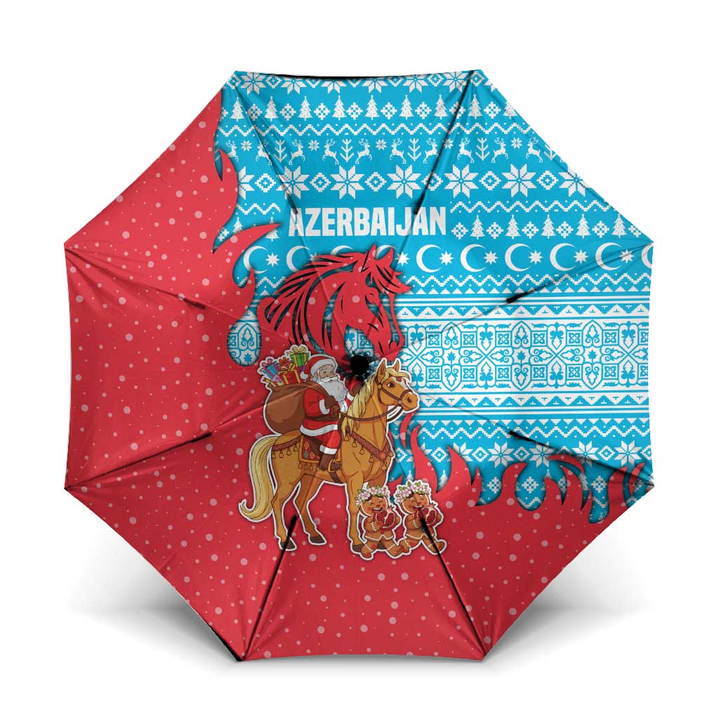 Azerbaijan Christmas Umbrella with Santa Riding Horse Red Flame Motif and Blue Islamic Pattern Design - Wonder Print Shop