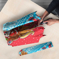 Azerbaijan Christmas Umbrella with Santa Riding Horse Red Flame Motif and Blue Islamic Pattern Design - Wonder Print Shop