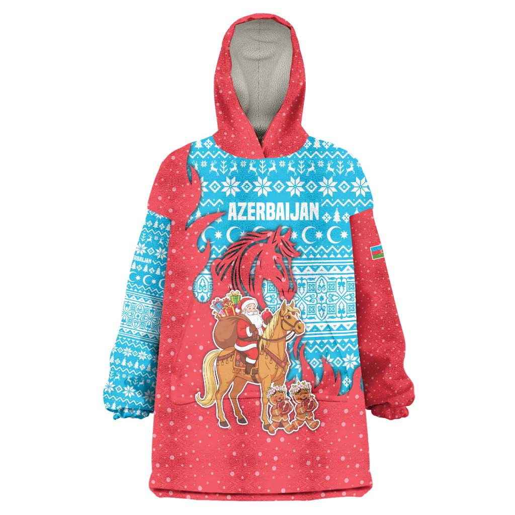 Azerbaijan Christmas Wearable Blanket Hoodie with Santa Riding Horse Red Flame Motif and Blue Islamic Pattern Design - Wonder Print Shop