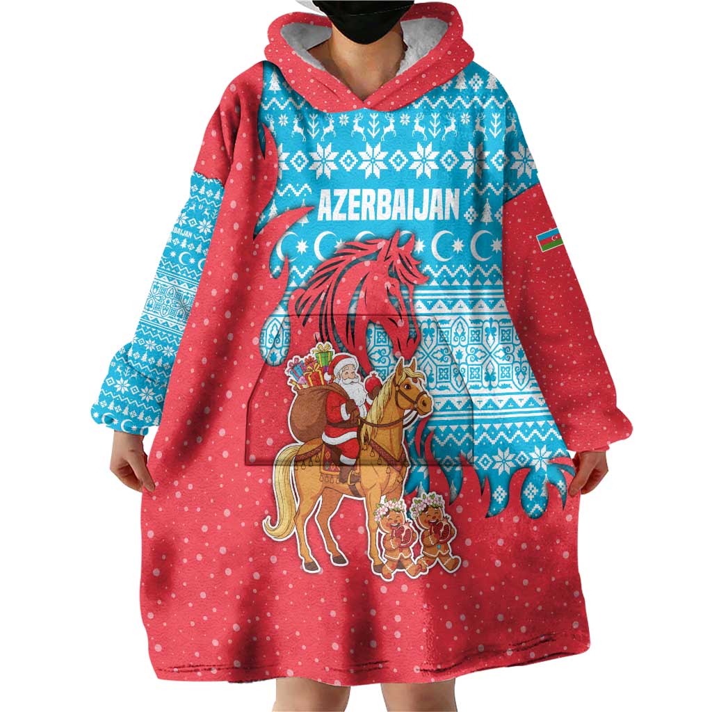 Azerbaijan Christmas Wearable Blanket Hoodie with Santa Riding Horse Red Flame Motif and Blue Islamic Pattern Design - Wonder Print Shop