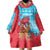 Azerbaijan Christmas Wearable Blanket Hoodie with Santa Riding Horse Red Flame Motif and Blue Islamic Pattern Design - Wonder Print Shop