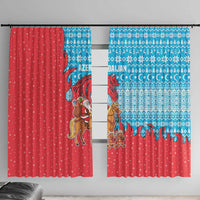 Azerbaijan Christmas Window Curtain with Santa Riding Horse Red Flame Motif and Blue Islamic Pattern Design - Wonder Print Shop