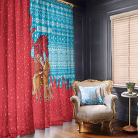 Azerbaijan Christmas Window Curtain with Santa Riding Horse Red Flame Motif and Blue Islamic Pattern Design - Wonder Print Shop