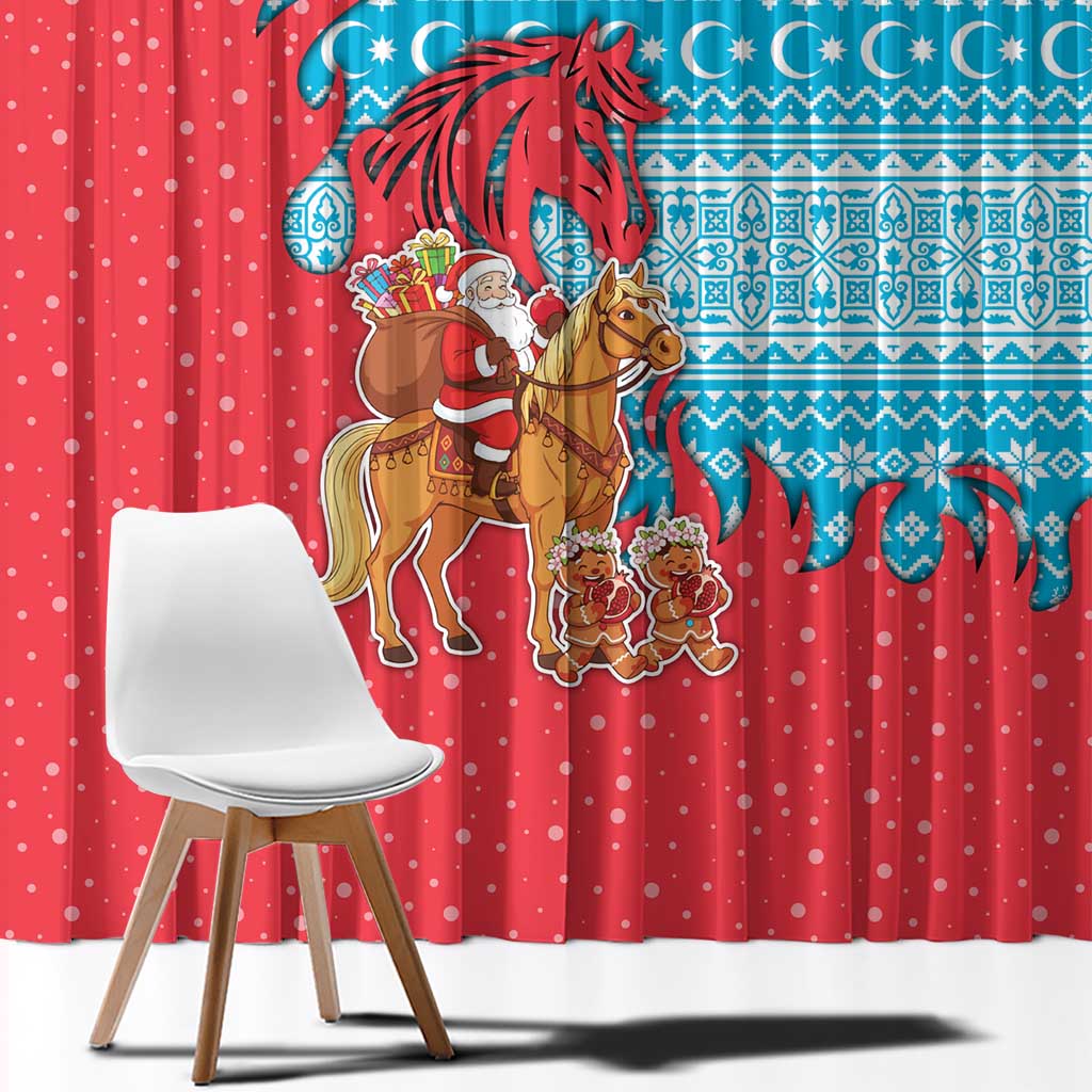 Azerbaijan Christmas Window Curtain with Santa Riding Horse Red Flame Motif and Blue Islamic Pattern Design - Wonder Print Shop