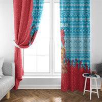 Azerbaijan Christmas Window Curtain with Santa Riding Horse Red Flame Motif and Blue Islamic Pattern Design - Wonder Print Shop